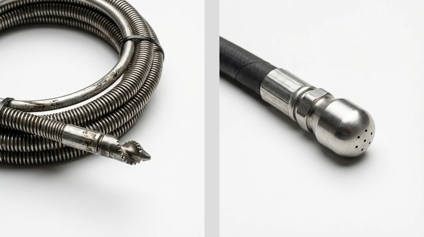 Drain snake cable and hydro jetting nozzle used for drain cleaning in Del Mar, CA